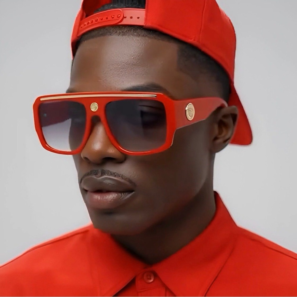 Mens Red Oversized Flat Top Sunglasses Gold Bar Shield Square Gradient Lenses